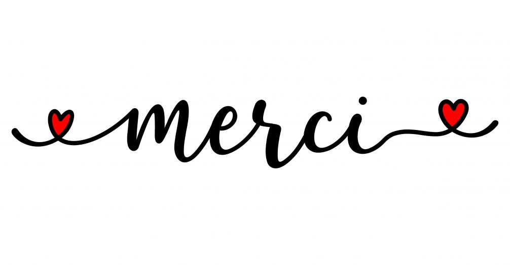 Hand sketched MERCI quote in French as ad, web banner. Translate